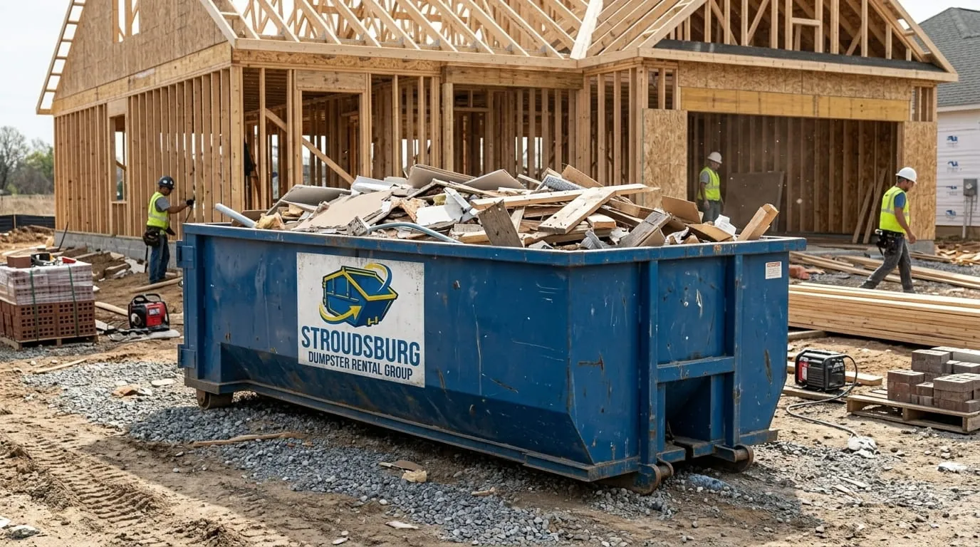 Commercial dumpster rental in Stroudsburg, PA Commercial roll-off dumpster in a Stroudsburg PA business parking lot