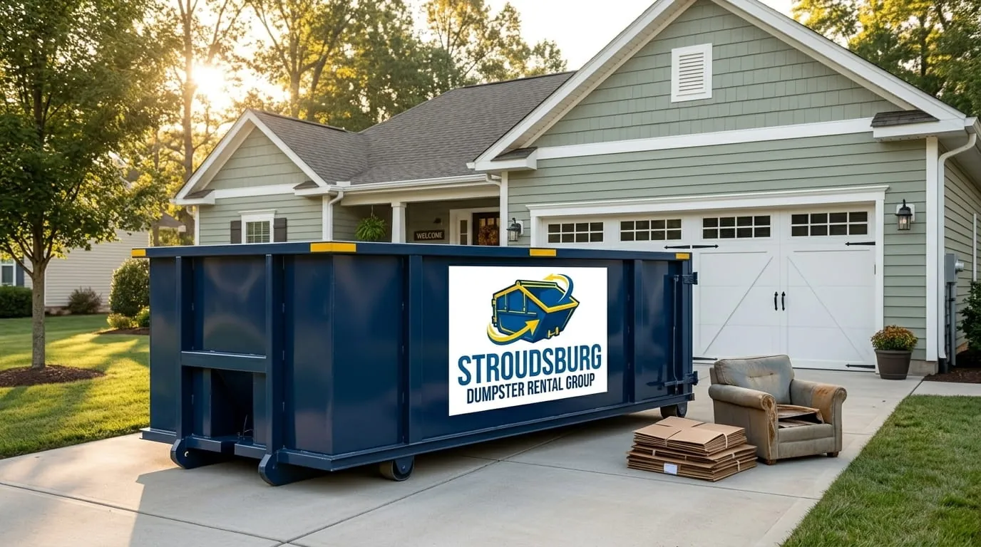 Worker managing a commercial roll-off dumpster at a Stroudsburg PA loading dock
