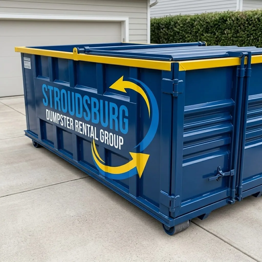 Stroudsburg Dumpster Rental Group truck delivering a roll-off dumpster to a Stroudsburg PA driveway