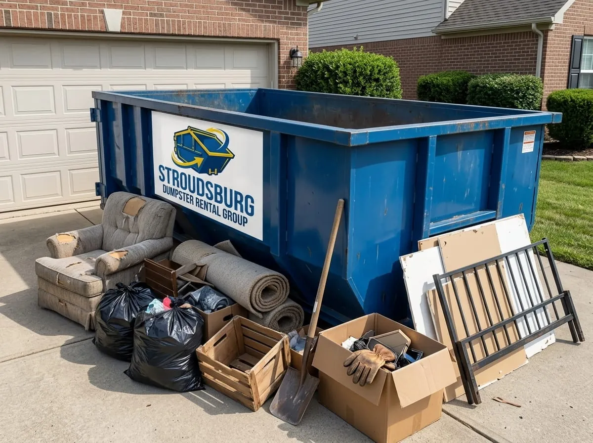 Roll-off construction dumpster being loaded onto a Stroudsburg Dumpster Rental Group truck