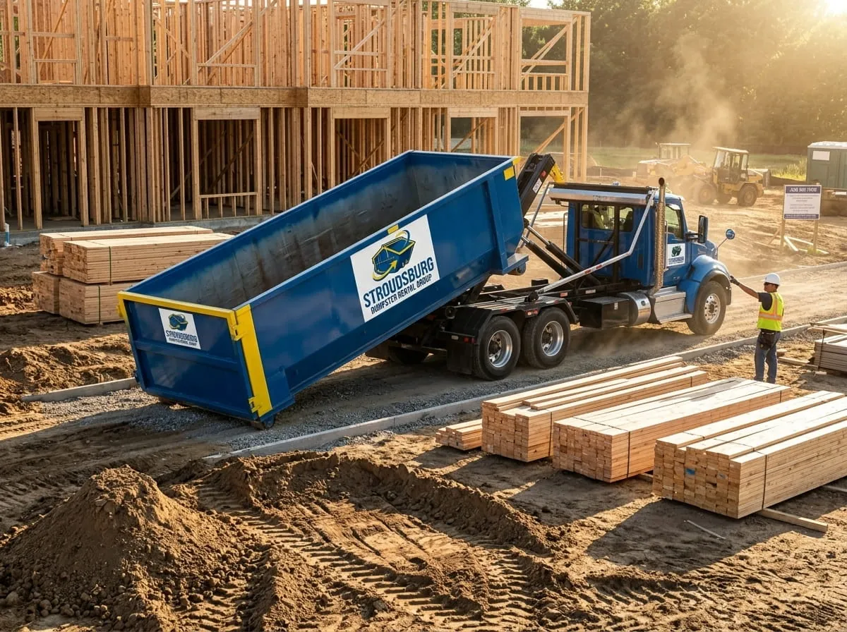 Stroudsburg Dumpster Rental Group team member beside a roll-off dumpster in Stroudsburg, PA
